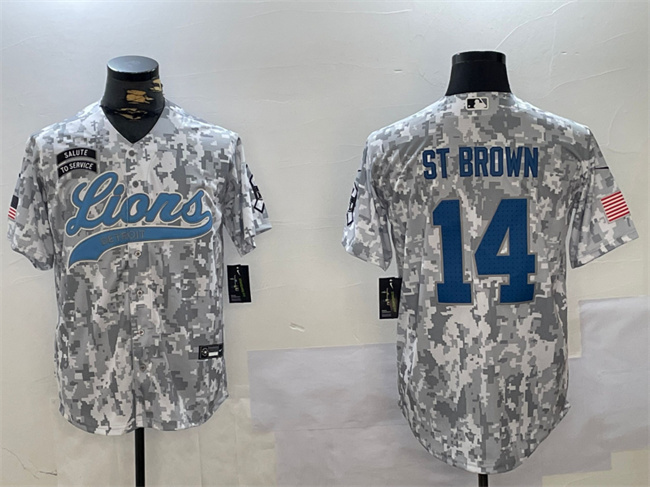 Men's Detroit Lions #14 Amon-Ra St. Brown 2024 Arctic Camo Salute to Service Stitched Baseball Jersey Men's Detroit Lions #14 Amon-Ra St. Brown 2024 Arctic Camo Salute to Service Stitched Baseball Jersey